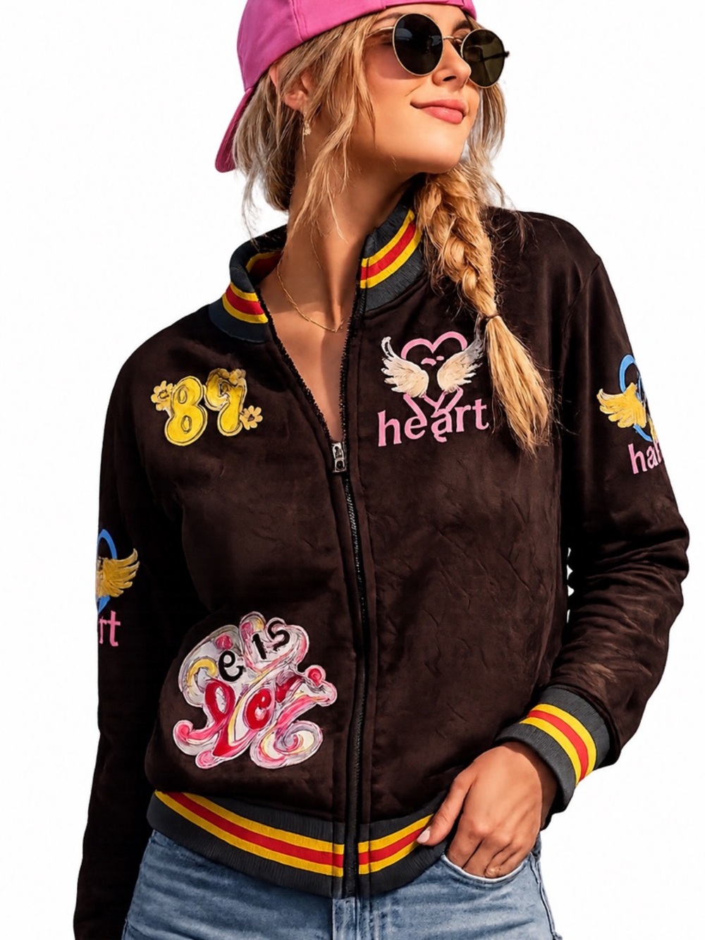 Heart of Gold Graphic Bomber Jacket | Y2K Retro Patch Zip-Up | Streetwear